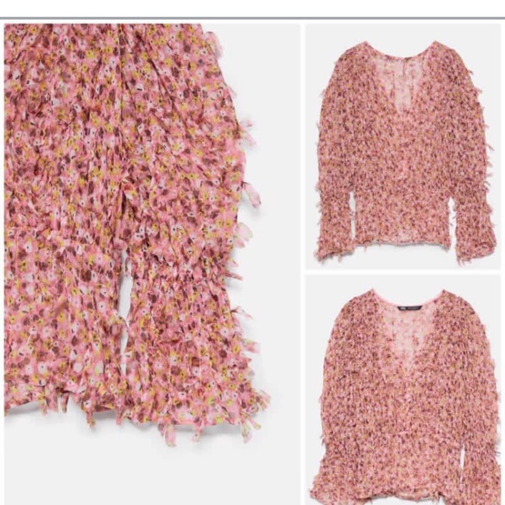 🆕 ZARA Pink Fringe Textured Confetti Button Down Chiffon Blouse Resort Luxury - Picture 3 of 16